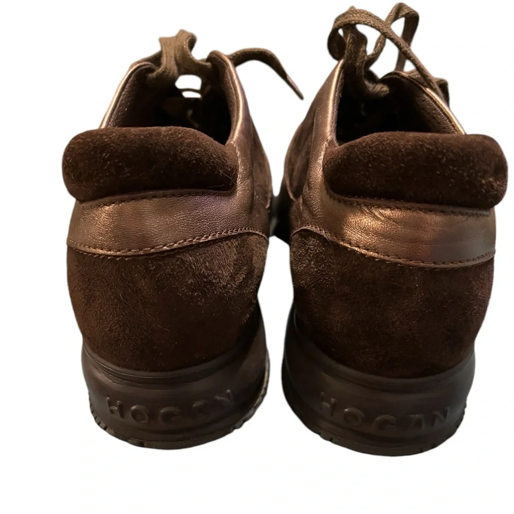 HOGAN women’s size 9.5‎ brown suede with bronze trim sneakers.
